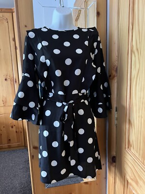 BOOHOO BLACK WHITE POLKA DOT (SPOT) RUFFLE SLEEVE, TIE WAIST SKATER DRESS  12 | eBay UK