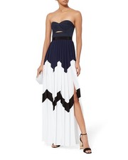 SELF PORTRAIT Navy Blue White Strapless Bandeau Pleated Maxi Gown 8 US 12 UK M