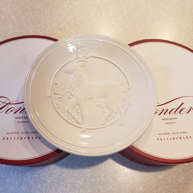 8 Pottery Barn Donder Dessert Salad Plates Embossed Reindeer