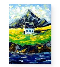 Old Church Oil Painting Original Mountain Landscape Impasto Small  Art 7x5in