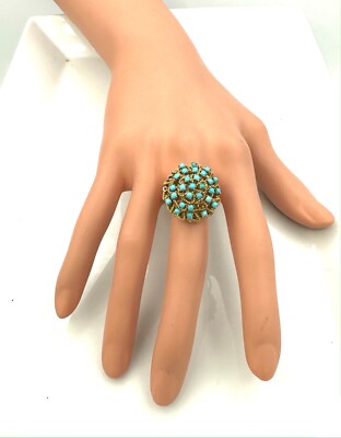 Bague En Or 18 Carats Sertie De Turquoises - Poids 10,71 G - Taille 52 - Style Déclaration - Occasion