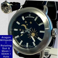 50mm Auto | Orbital SUN & MOON Dial | MILLIPEDE Aragon Black Silicone Band Watch