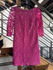 Nine West Womens Pink Lace Overlay 3/4 Sleeve Boat Neck Shift Dress Size 4
