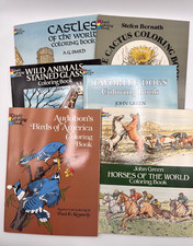 NOS Lot of 6 Educational Coloring Books Birds Horses Dogs Plants Castles NEW