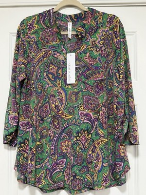 NWT Dear Scarlett Lizzy Blouse Top Large Paisley Floral Kelly Green Purple