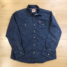 Wrangler Western Shirt Mens Medium Blue Denim Long Sleeve Pearl Snap Stretch