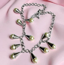 Silver Tone Faux Pearl Drop Bib Necklace Cone Bead Dangles Statement 16"