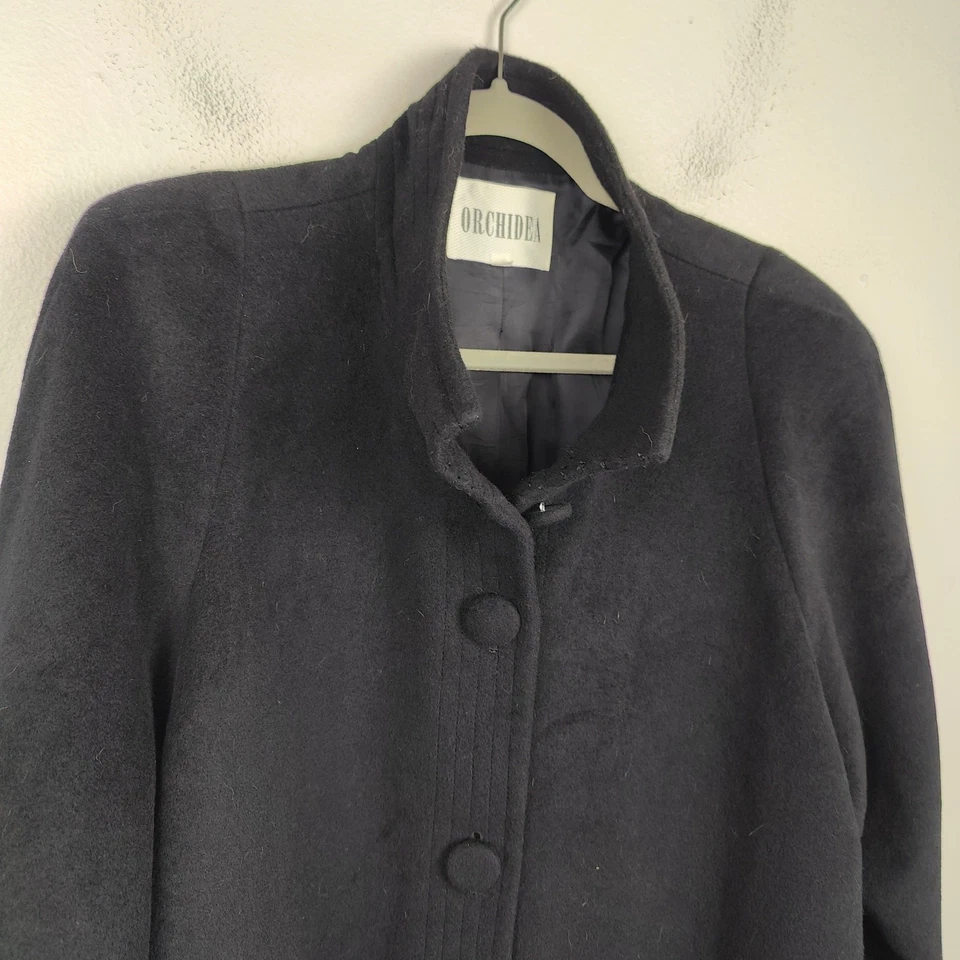 Vintage Orchidea Angora Wool Coat Womens 9 Medium Black Button Funnel Neck - Image 3 of 4