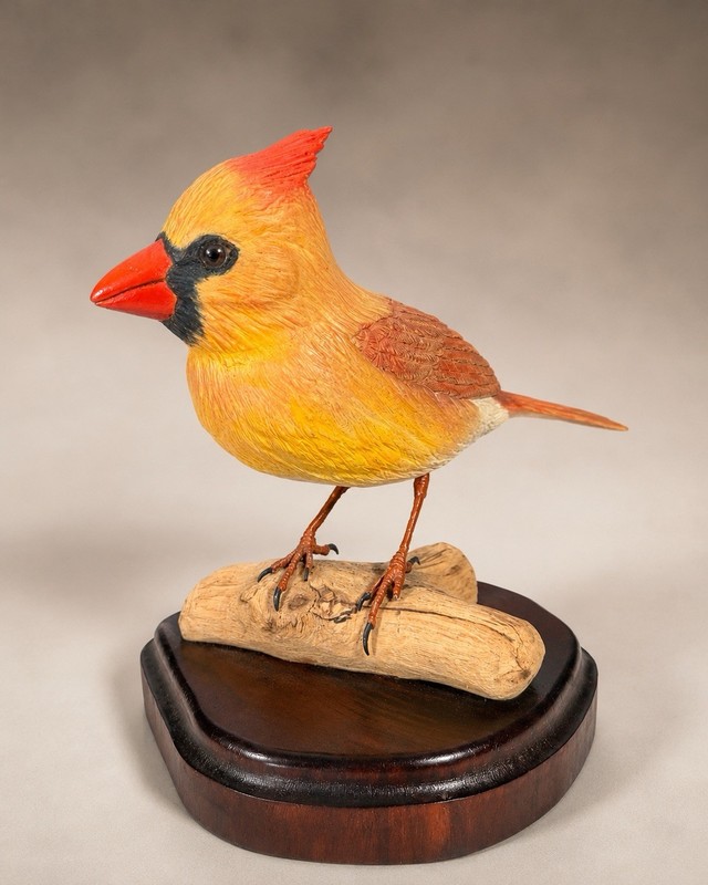 1990s Vintage Really Detailed Hand Painted Hand Carved Wood Female Cardinal Bird