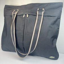 VTG Lacoste Messenger Tote Bag Black Canvas Beige Straps 17x15 Shoulder Carryall