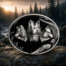 Wolf Pack Belt Buckle Three Wolves Black Enamel Western Feather Metal
