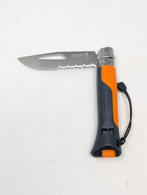Opinel No 8 Outdoor Folding Knife Serrated Blade Whistle Shackle Orange Black