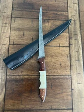 CUSTOM HANDMADE DAMASCUS BONE HANDLE FLEXIBLE FILLET KNIFE WITH LEATHER SHEATH
