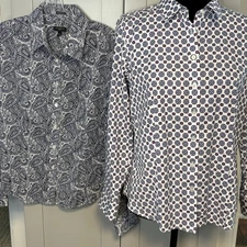 lot of 2 - Talbots Petite Paisley Button Down Shirt 10P Blue Non Iron Workwear