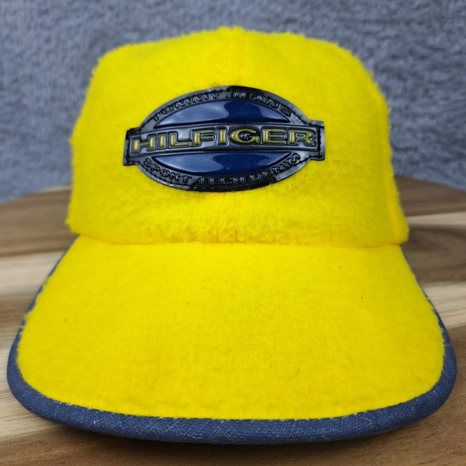 Vintage Tommy Hilfiger Hat Cap Strap Back Canary Yellow Logo Fleece Made In USA