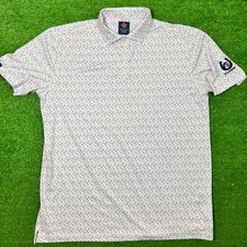 DONALD ROSS Golf Polo LG White W/ Pink Palm Tree  TRIMMER WICKING, UPF 50 EUC
