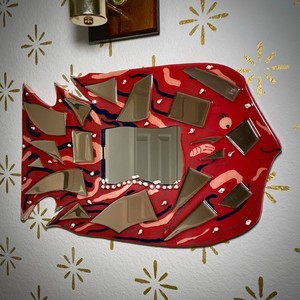 Funky Eclectic Folk Art Pink Fish Mosaic Mirror Shells Vintage 90s Artist SIGNED