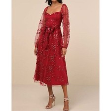 NWT Lulus XS Darling Charisma Wine Red Mesh Embroidered Midi Dress Cocktail