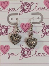 NEW Silver Tone Etched Heart Shaped Dangle Drop Earrings 1.5" Valentine Love
