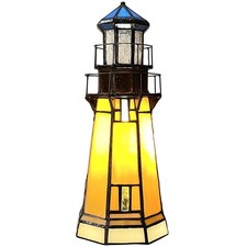 Bieye L10979 Tiffany-Style Stained Glass Lighthouse Accent Table Lamp, 9.5" H