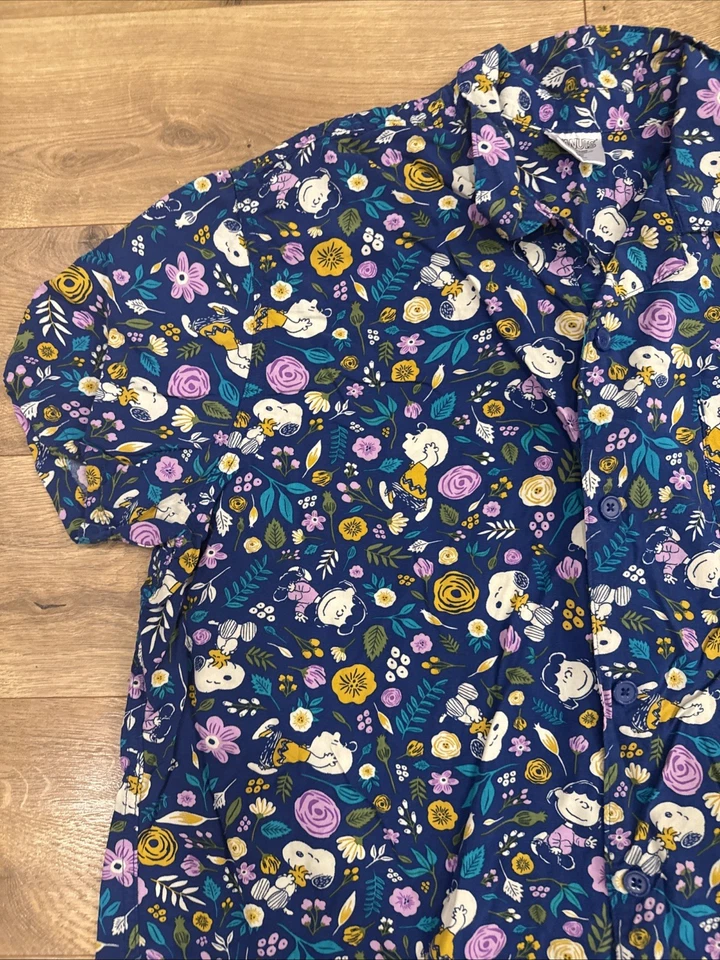 Snoopy Peanuts Hawaiian Shirt Button Up Tropical Camp Size XL Blue Mens Rayon - Image 3 of 4