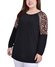 NY Collection Plus Size Tunic Animal Print Top Women's 1X Black/Brown/Animal