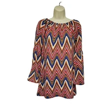 Win-Win Bell Sleeve Off  Shoulder Chevron Print Multi Colored Tunic Blouse S/M