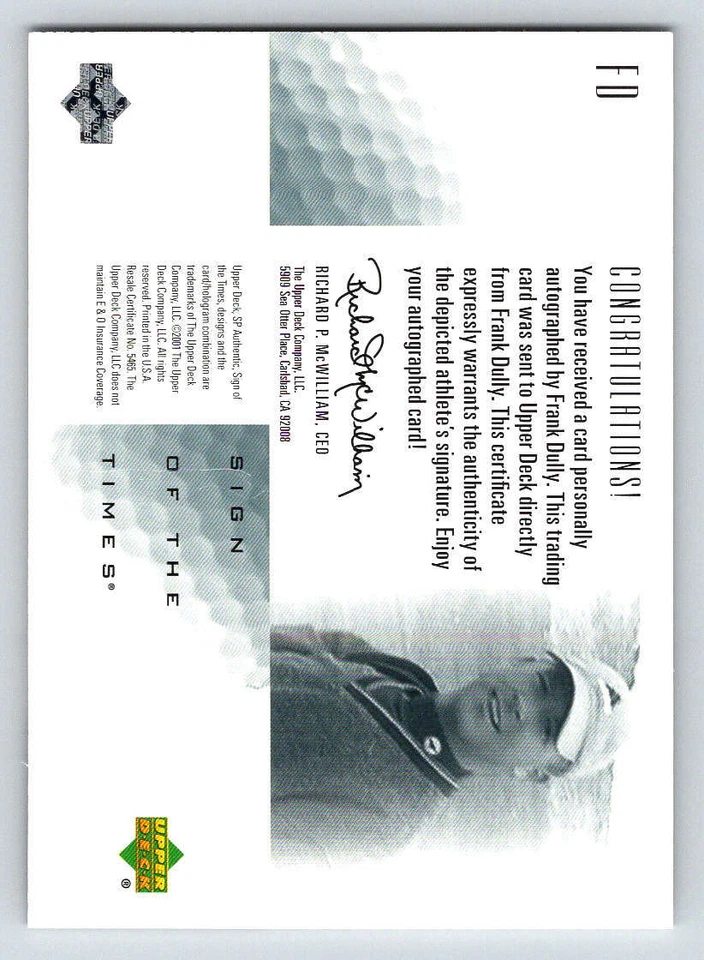 2001 SP Authentic Sign of the Times #FD Frank Dully (ref 187679) - Image 2 of 2