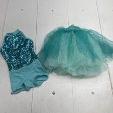 Dansco Blue Sequin Dance Leotard And Tutu Skirt Youth Girls Size Small
