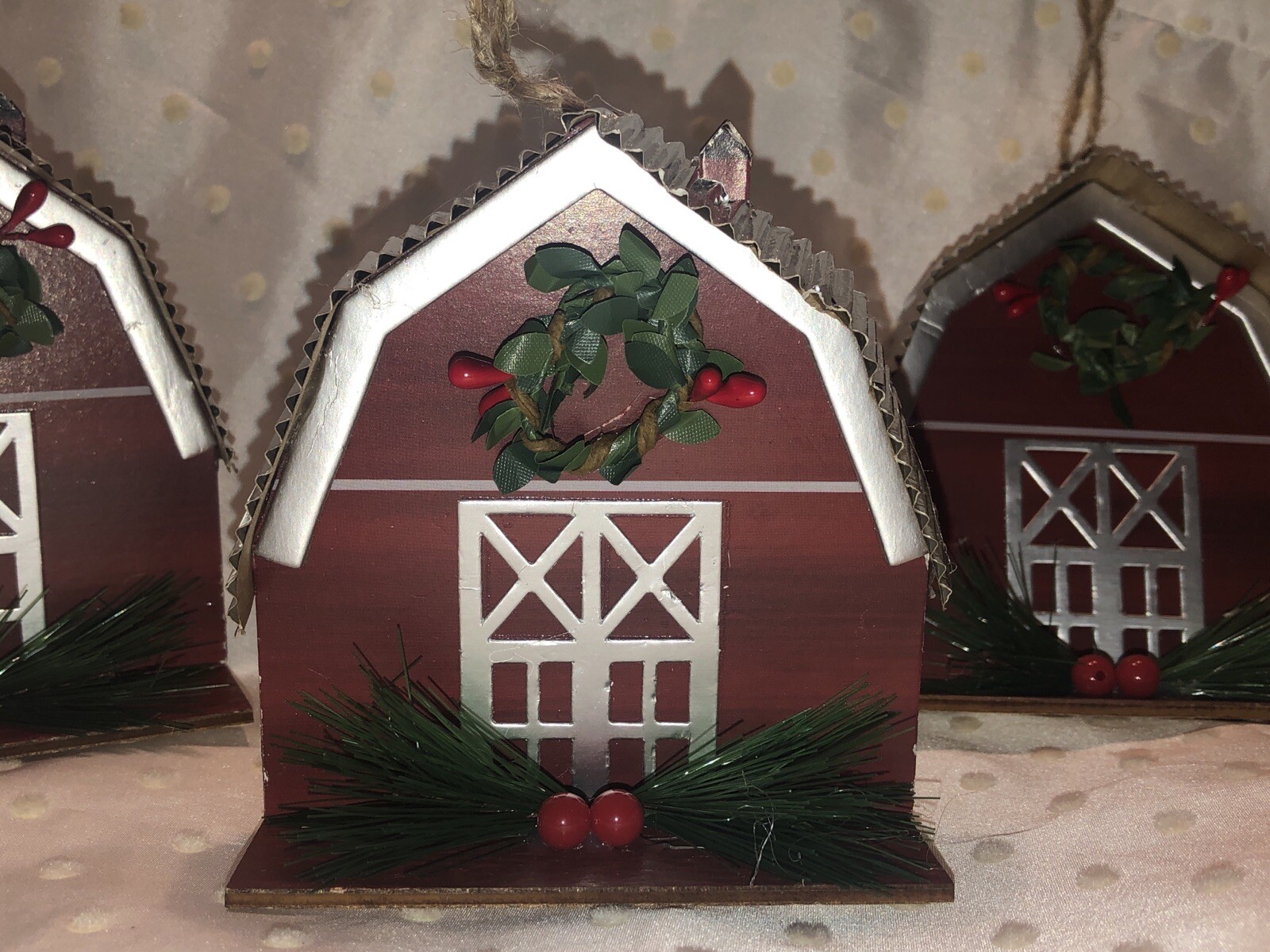 Red Barn Christmas Ornament Decor Farmhouse Country Rustic Farm Set Of 3 NEW