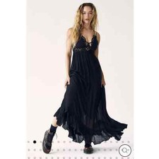 New Free People Floral Adella Maxi Slip Dress Lace Ruffle Hem Black Size XS