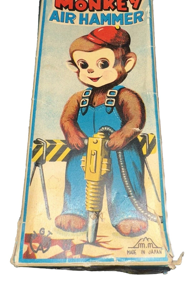 Vintage Japan Tin Mechanical Wind Up Toy Monkey with Jack Air