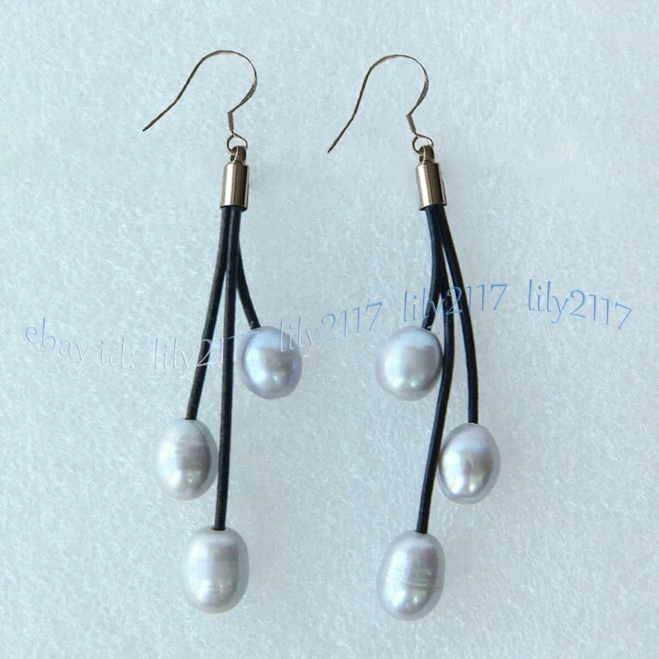 Pendientes de gancho de plata de cuero negro con perlas de agua dulce multicolores de 10-11 mm Foto 4 de 4