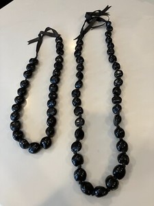 Vintage Wedding Set of 2 Hawaiian Black Kukui Nut Hand Tied Ribbon Necklaces Lei