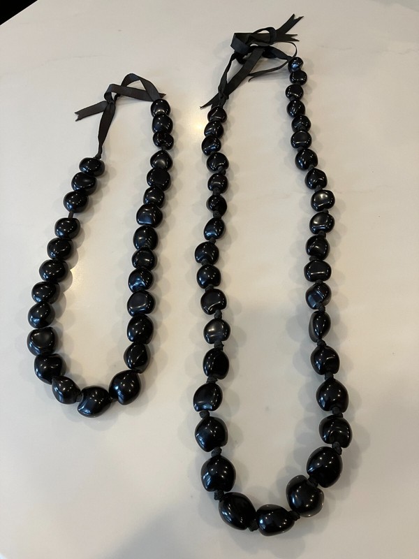 Vintage Wedding Set of 2 Hawaiian Black Kukui Nut Hand Tied Ribbon Necklaces Lei