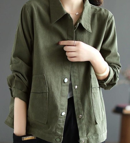 New Women's Cotton cargo Jacket Casual solid coat Long sleeve Short jacket gift - Picture 15 of 21