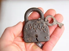 Antique Bear Padlock vintage lock w/ key old trunk  tool box chest case metal