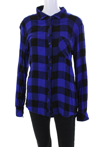 Rails Womens Button Front Collared Gingham Pocket Shirt Blue Black Size Large