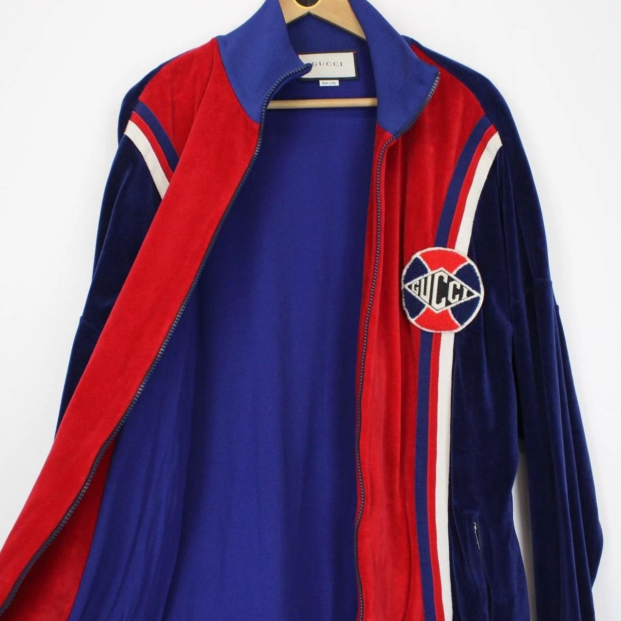 Giacca da pista Gucci rossa e blu con toppa logo zip intera in velluto