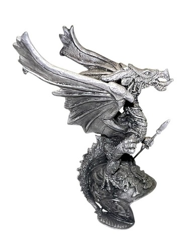 Vintage Pewter Medieval Dragon Standing Guard On Helmet W/Spear Detailed 4.5”