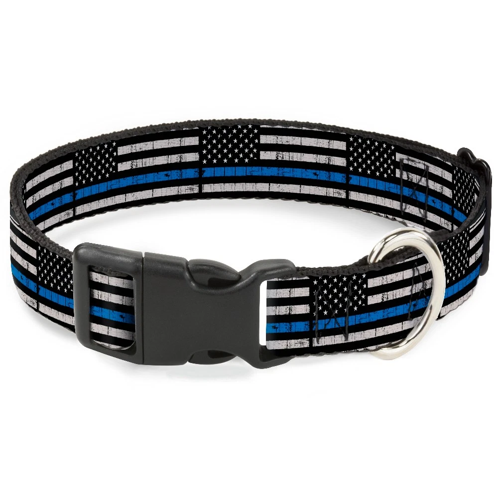 Plastic Clip Collar Thin Blue Line Flag Weathered Black/Gray/Blue NARROW-Small 7
