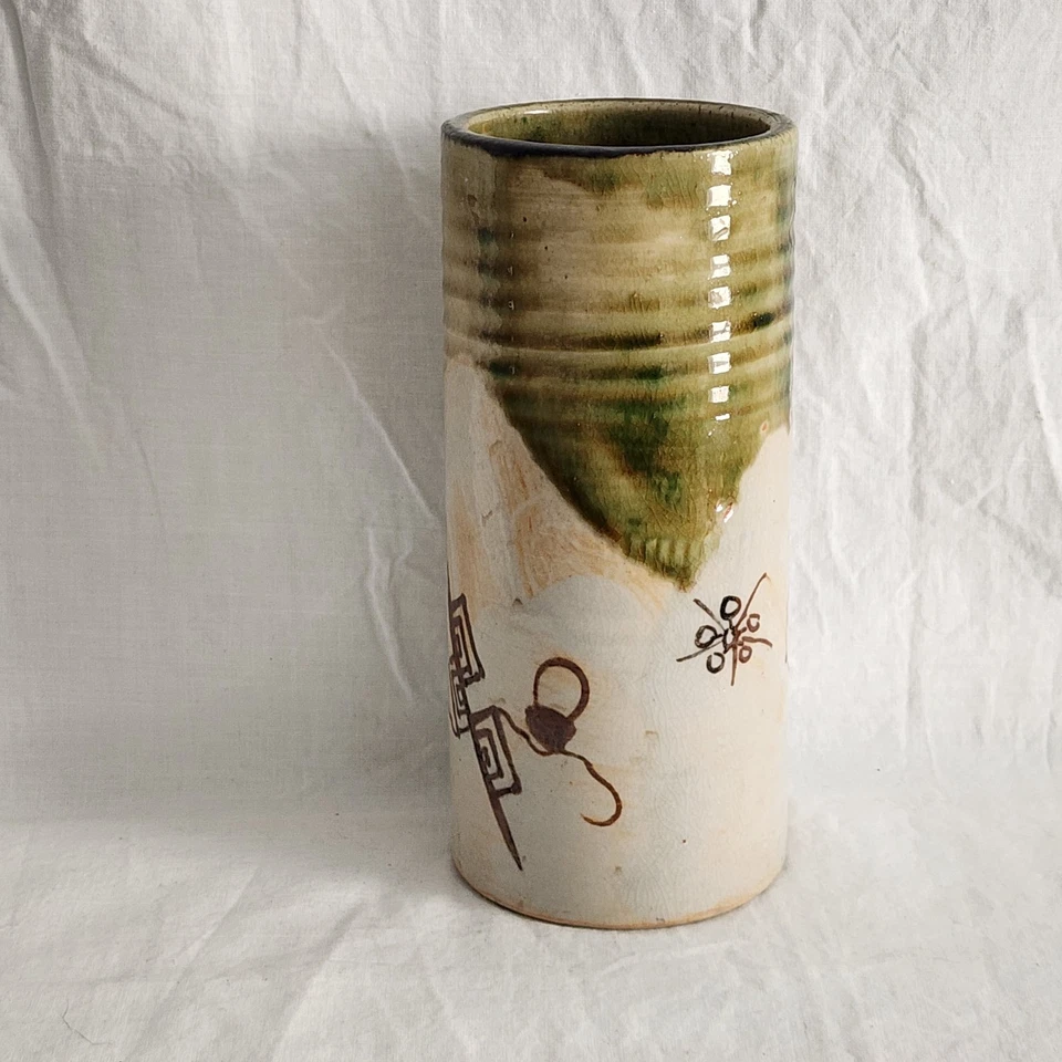Jarrón de cerámica cilíndrico esmaltado verde Oribe japonés pintado a mano tapa acanalada Foto 4 de 4