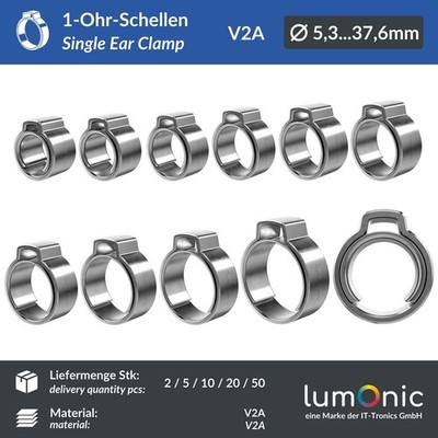2-50x 1-Ohr Schellen 5,3-37,6mm V2A Edelstahl Einohrschelle Schlauchschelle