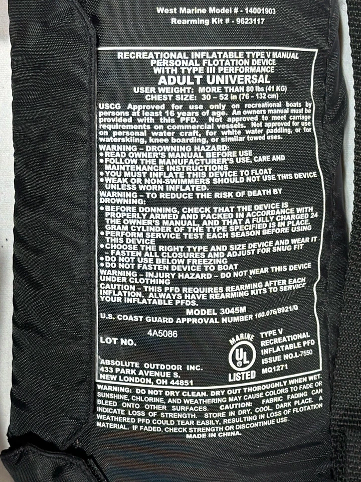 WEST MARINE M-24  Manual Inflatable Life Jacket Belt Pack Lot of (2) - Image 3 of 4