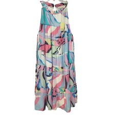 JODIFIL Maxi Dress Tiered Abstract Print Ruffle Neck Sleeveless Women L