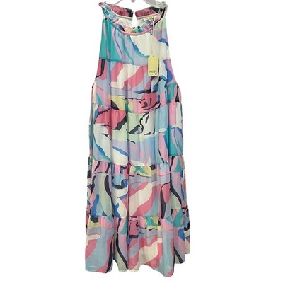 JODIFIL Maxi Dress Tiered Abstract Print Ruffle Neck Sleeveless Women L