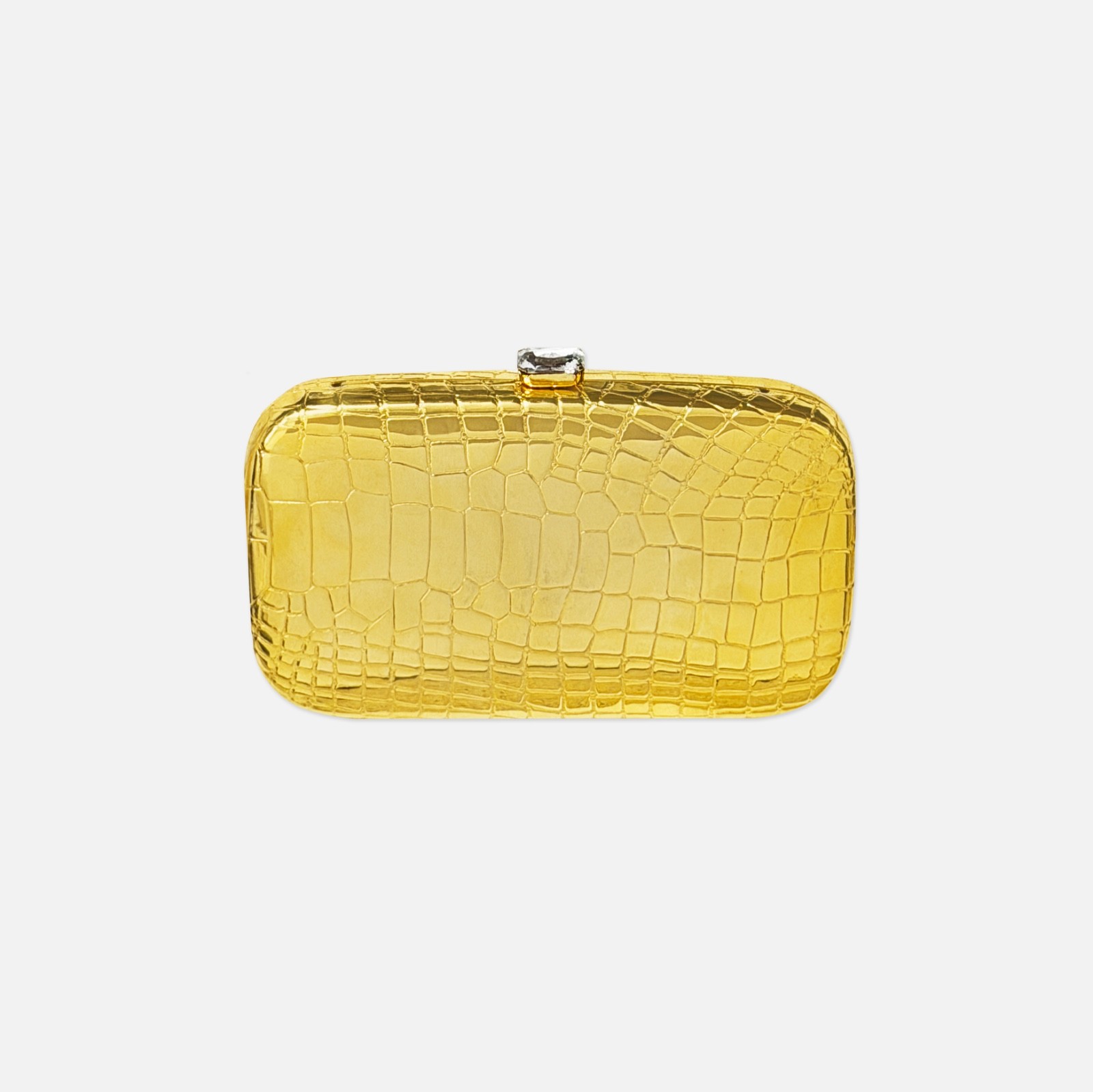 Vintage 80s Neiman Marcus Italy Gold Croc Embossed Rhinestone Clasp Clutch Purse