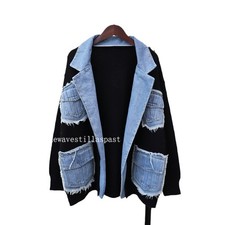 Women's Denim Patchwork Sweater Coat Loose Casual Cardigan Knitwear Jacket