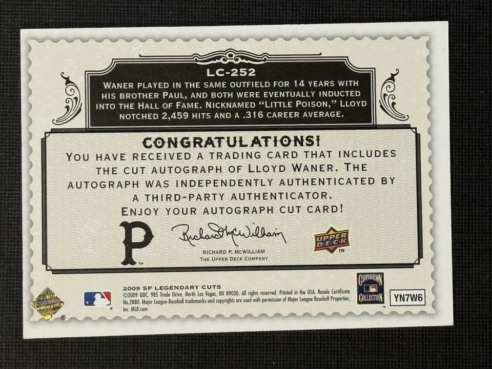 2009 SP Legendary Cuts - Legendary Cuts Lloyd Waner #LC-252 18/50 HOF - Image 2 of 2
