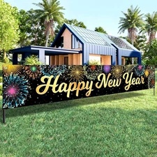 KatchOn Happy New Year Banner - Large 120x20 Inch | Gold and Black 